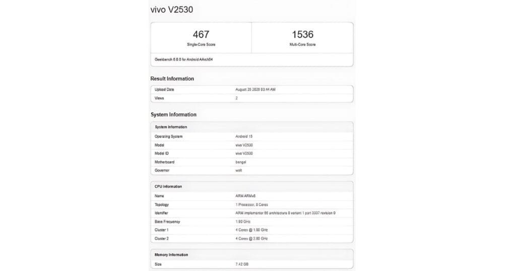 The Vivo v60 Geekbench score was revealed