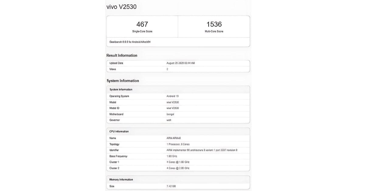 The Vivo v60 Geekbench score was revealed